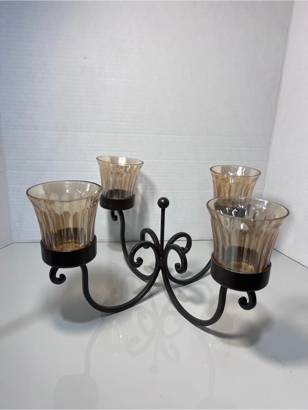 4 Arm Amber Glass Votive Candle Holder Scroll Metal Candelabra Tuscan Decor